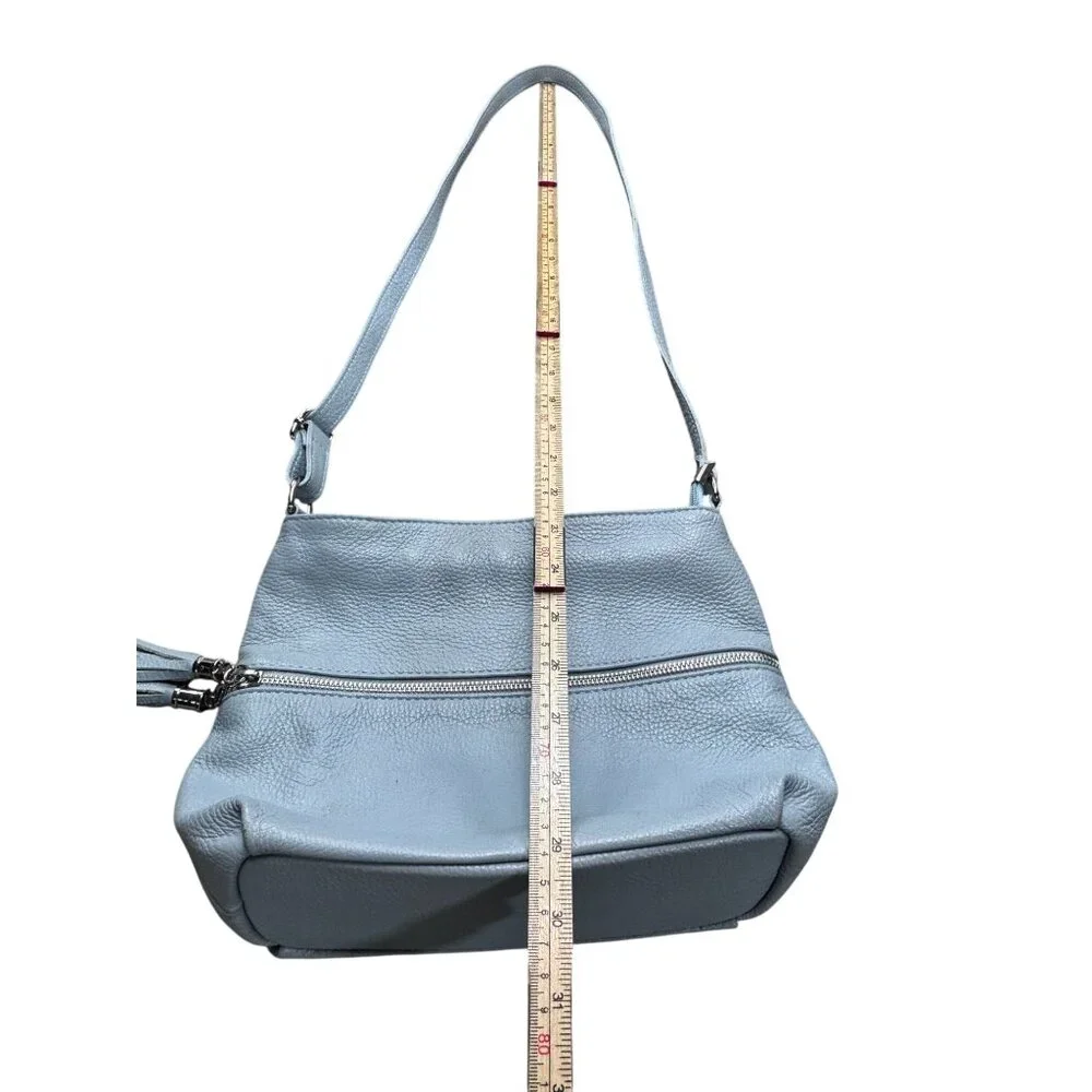 Italian-Made Light Blue Genuine Leather Shoulder Bag With Zip Closure & Tassel - Picture 6 of 9